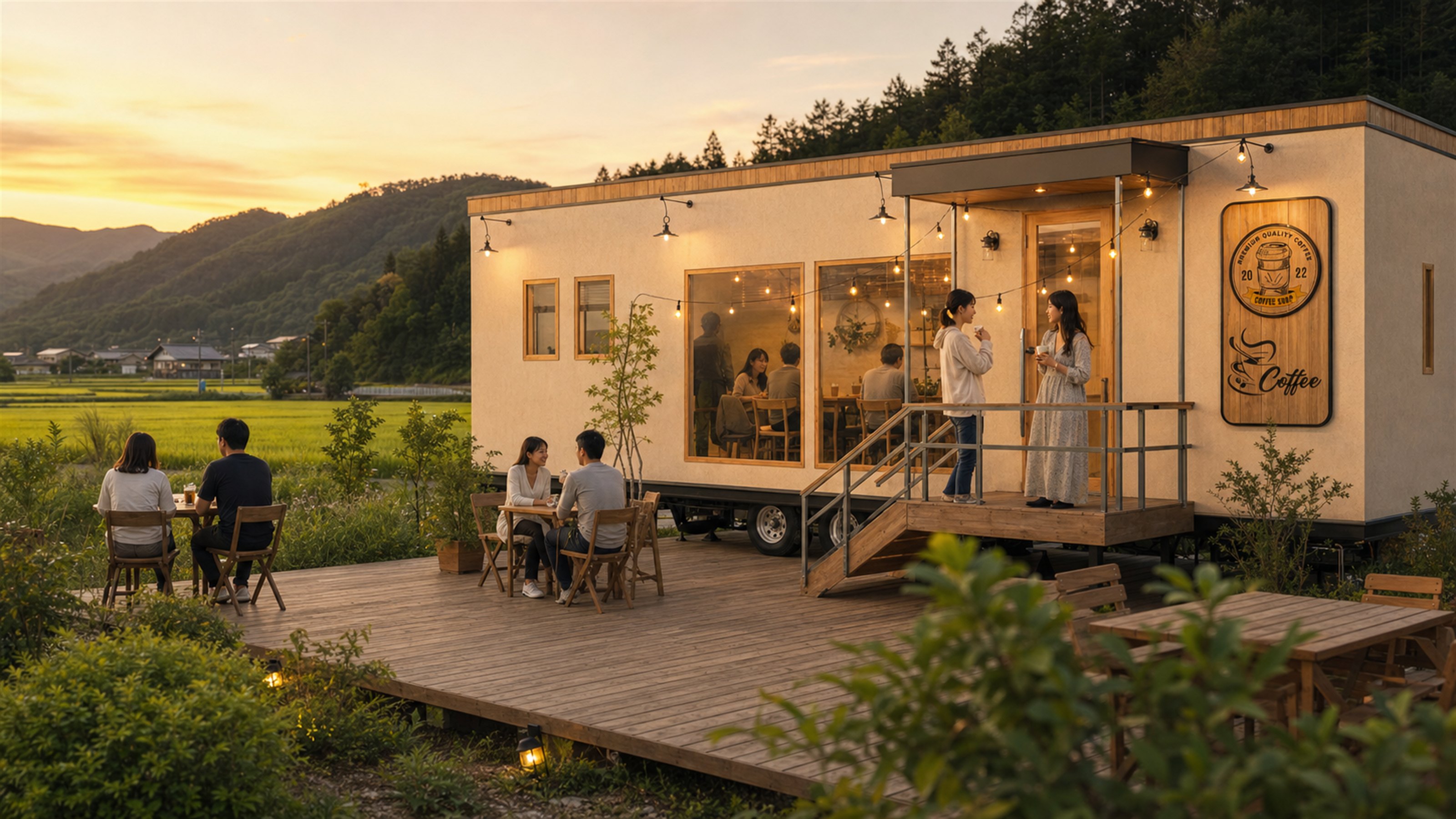 夕暮れの北陸に佇む、人が集うトレーラーハウスのカフェ